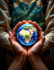 Hands Cradling Earth with Nature Elements in Vibrant Colors