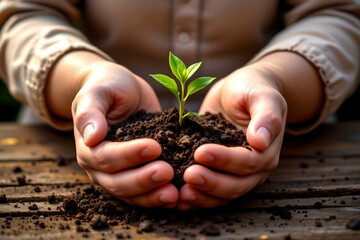 Hands Holding a Young Plant in Soil with Natural Light Glow