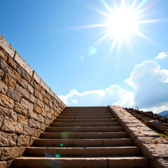 Individual Climbing Stone Stairs Under Bright Sunlight with Blue Sky