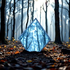 Light Reflecting on a Mirror in a Mysterious Foggy Forest Scene