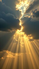 Majestic Rays of Sunlight Breaking Through Dark Clouds in Sky