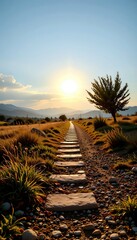 Serene Pathway Through Fields Under Golden Sunset with Mountains Background