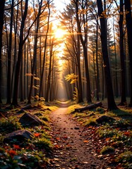 Serene Pathway Through Autumn Forest Embracing Golden Sunlight