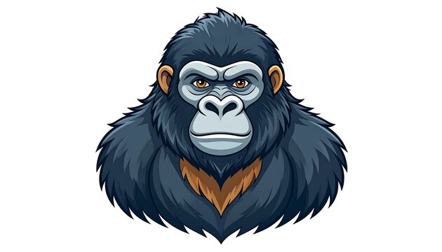 A detailed illustration of a gorilla's upper body, featuring a stern expression, dark fur, and brown accents. Set against a white backdrop
