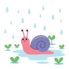 Cute pink snail with purple shell in the rain