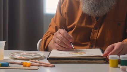 An elderly male artist meticulously paints in his home studio, surrounded by art supplies and...