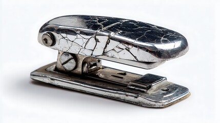 Close up of a cracked silver stapler on a white background in studio light