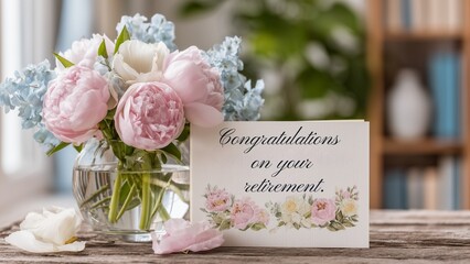 Elegant Retirement Card Design with Scandinavian Minimalist Floral Pattern and Congratulations Text, Featuring a Calm and Cozy Scandinavian Floral Border