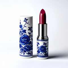 Lippenstift aus Porzellan mit blauer Blumenverzierung auf weißem Hintergrund
