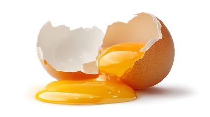 A cracked brown egg with yolk spilling out on a white background surface