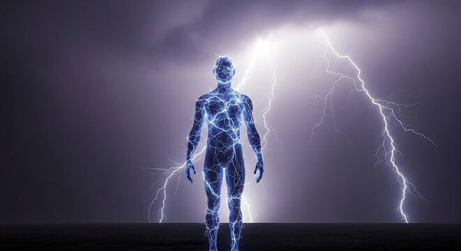 Ethereal Human Form Illuminated by Intense Lightning Strike in Stormy Sky.
