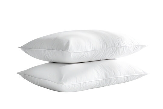 Two fluffy, white, rectangular pillows stacked, isolated on a solid black background, for sleep comfort