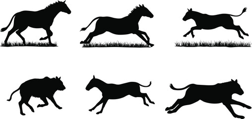 Silhouette animals running vector illustration, horses galloping with bear donkey and big cat leaping, wildlife motion design, nature movement concept art