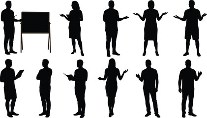 Silhouette people presenting vector illustration, business communication gestures, professional body language design, corporate training concept, education lecture scene, teamwork presentation art