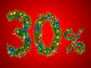 A festive 30 percent sign is formed by Christmas decorations.
