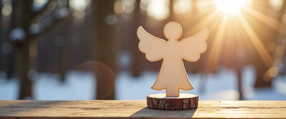 Wooden angel tree topper with wings on a snowy table at sunset  