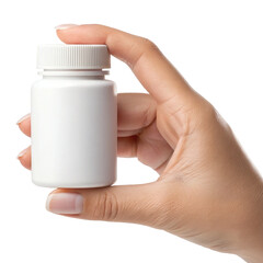 Hand Holding a Small White Pill Bottle – Pharmaceutical and Healthcare Product Concept