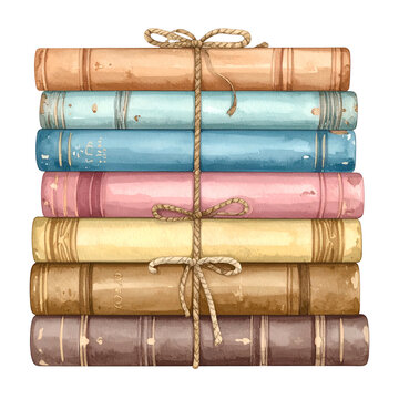 Watercolor illustration of a stack of vintage books tied with twine, set against a black background