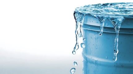 Overflowing blue bucket with water dripping down the side on white background