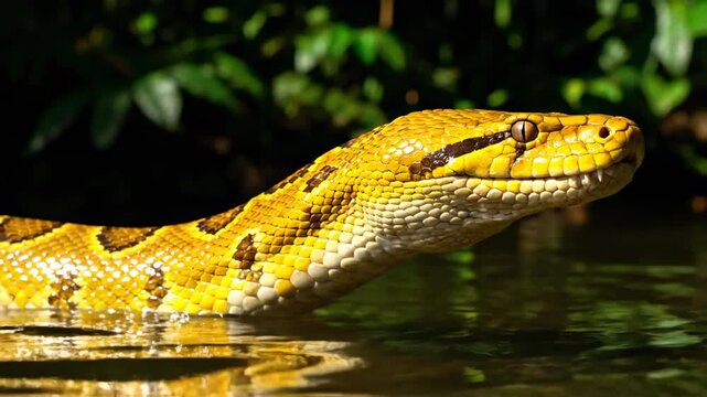 Close Up of a Yellow Python Emerging from Water with Lush Greenery in Background.