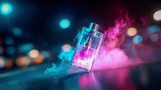 Modern vape device with glowing chamber releasing smoke against a blurred city background