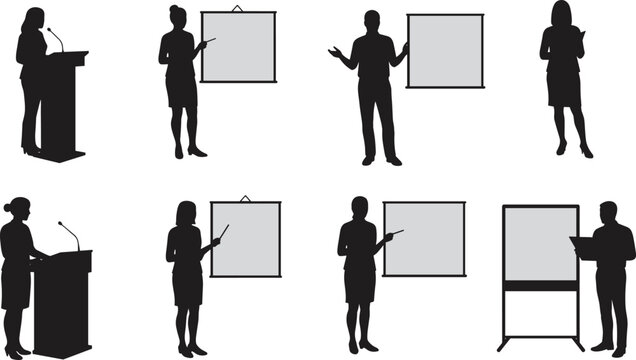 Silhouette people giving presentations vector illustration, public speaking training design, business communication concept, teaching lecture scene, corporate education seminar art