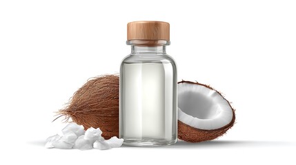 A bottle of coconut oil with coconuts and coconut pieces on a white surface
