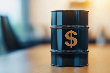 A black barrel with a dollar sign, symbolizing oil or commodity wealth, sits on a table in a softly lit environment.