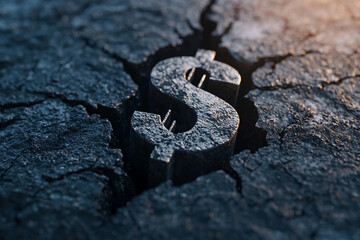 Metallic dollar sign emerging from cracked pavement, symbolizing economic disparity or the value of money in a deteriorating environment.