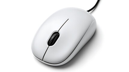 Close up shot of a white computer mouse with a black cable on white background