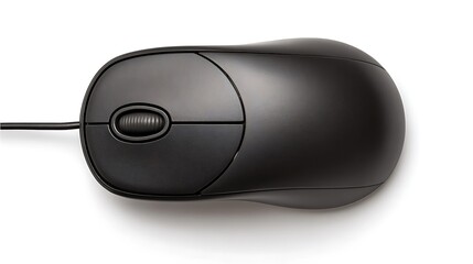 A close up shot of a black computer mouse on a plain white background