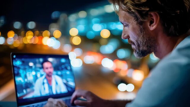 A telemedicine consultation taking place via laptop between a patient and a doctor, with futuristic data projections illuminating the screen in a medical setting - Powered by Adobe