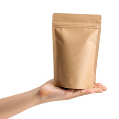 Hand Holding Brown Kraft Paper Stand-Up Pouch – Eco-Friendly Packaging Mockup for Branding Design