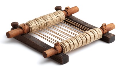 A close up of a small weaving loom with thread and a wooden frame on white