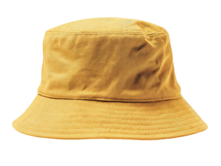 Isolated, yellow bucket hat with wide brim, sitting upright