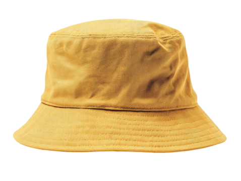 Isolated, yellow bucket hat with wide brim, sitting upright