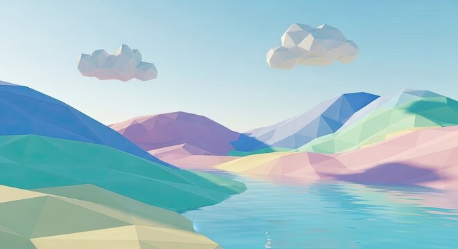 Pastel low poly landscape with gentle rolling hills and clouds