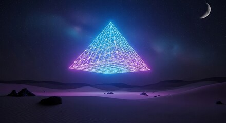 Ethereal Neon Lattice Pyramid Glowing Above a Desolate Landscape Under a Crescent Moon.