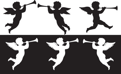 Set of six angelic cherub silhouettes playing trumpets in black and white contrasting backgrounds © RAC.Design-Magic