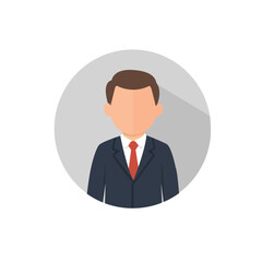 Flat design illustration of a young businessman wearing a suit and red tie with faceless style avatar