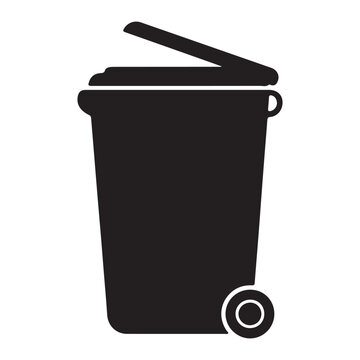 Black silhouette illustration of a wheeled garbage can with partially open lid ideal for recycling or waste management themes