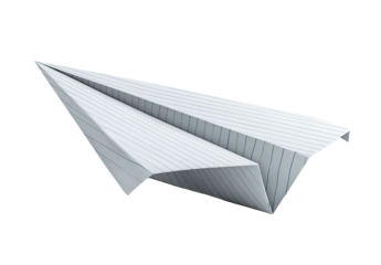 A crisp paper airplane crafted from lined paper, isolated against a stark black background