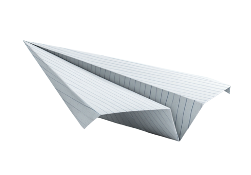 A crisp paper airplane crafted from lined paper, isolated against a stark black background