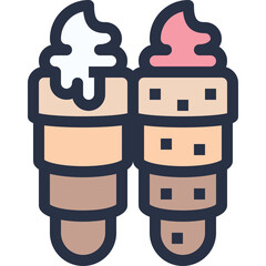 Two delicious ice cream cones with multiple scoops of different flavors and toppings in a studio setting with a plain background.