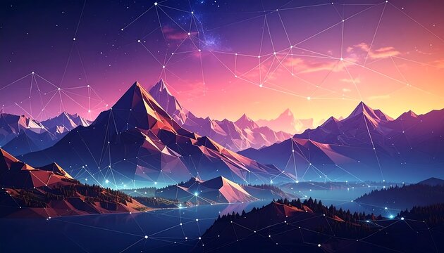 A digital landscape depicts a mountain range at sunset, with a lake below and a network overlaying the scene. The sky transitions colors - Powered by Adobe