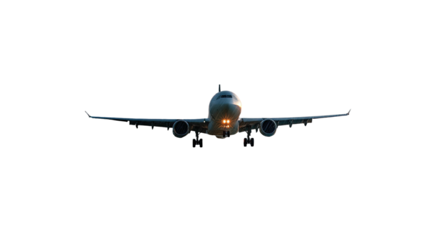 A front-facing airplane with lit landing lights, appearing against a solid black background
