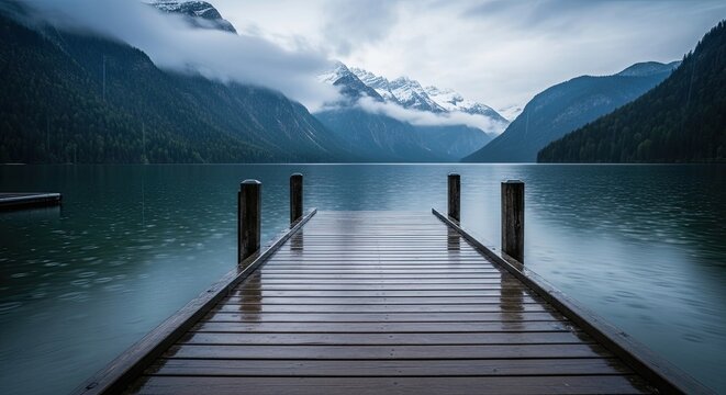 Tranquil Lake with Mountain Vista and Wooden Dock on a Misty Day - Powered by Adobe