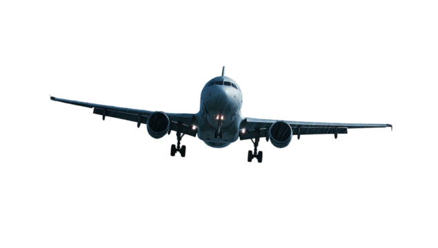 Aircraft centered, direct view; fuselage, wings, engines; landing gear; illuminated lights