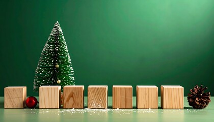 A festive arrangement featuring a miniature tree, wooden cubes, ornaments, and a pine cone on a green backdrop with artificial snow