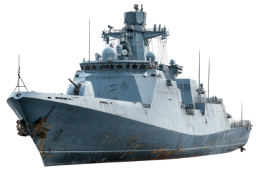 Modern, grey warship with complex radar systems, antennas, and weaponry, isolated on black